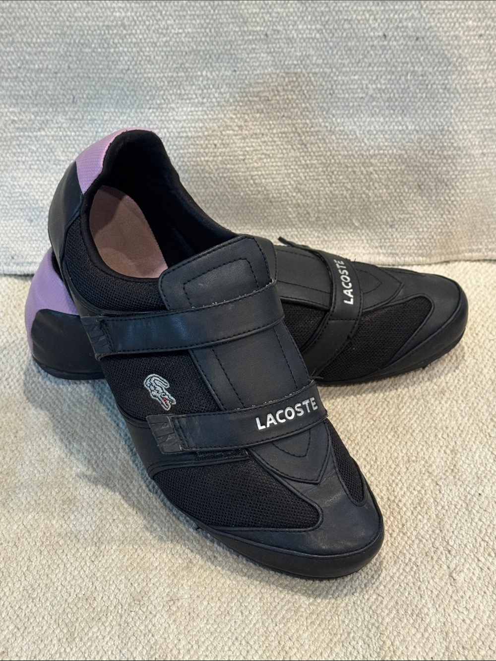 Lacoste wm’s size 10 Black Velcro Sneakers with lilac Heel